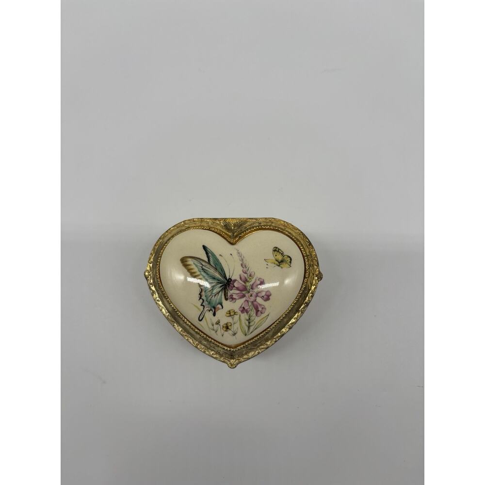 Vintage Japan Gold Gilt Heart Trinket Box Porcelain Lid Butterfly 3.5”